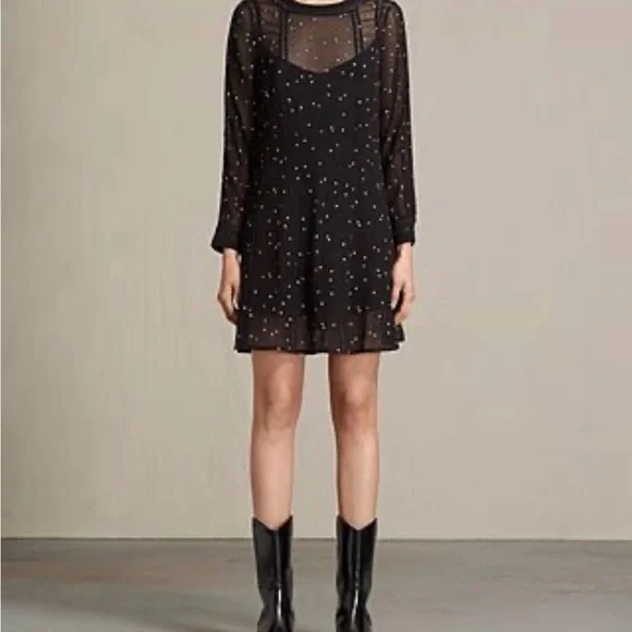 ALLSaints Sheer STAR Embroidered CHIFFON-CREPE Mini DRESS in BLACK Large - Picture 12 of 13